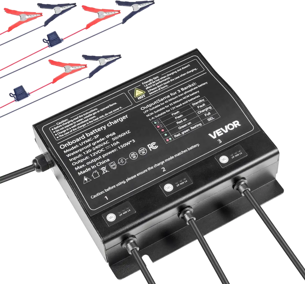 VEVOR Marine Battery Charger, 3-Bank, 10A 12V Onboard Boat Charger, IP68 Waterproof Smart On-Board Battery Charger, for Lithium-Ion (LiFePO4), NCM, Lead-Acid Batteries, Large Boat, Yacht, RV, Trailer