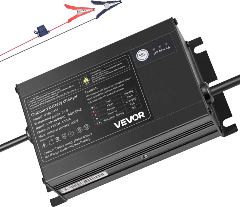 VEVOR Marine Battery Charger, 1-Bank, 5A 12V Onboard Boat Charger, IP68 Waterproof Smart On-Board Battery Charger, for Lithium-Ion (LiFePO4), NCM, Lead-Acid Batteries, Large Boat, Yacht, RV, Trailer