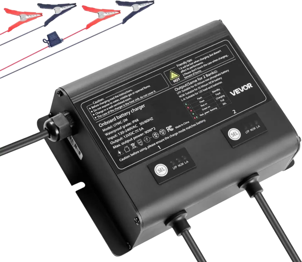 VEVOR Marine Battery Charger, 2-Bank, 5A 12V Onboard Boat Charger, IP68 Waterproof Smart On-Board Battery Charger, for Lithium-Ion (LiFePO4), NCM, Lead-Acid Batteries, Large Boat, Yacht, RV, Trailer