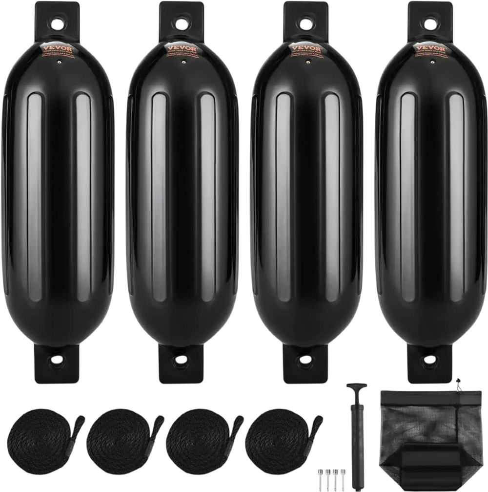 VEVOR Boat Fenders, 8.5" x 26" Boat Bumpers for Docking, Inflatable Ribbed Fender with Center Holes, Marine Boat Dock Fender Bumper with Air Pump, 4 Needles and 4 Ropes and Storage Bag, Black