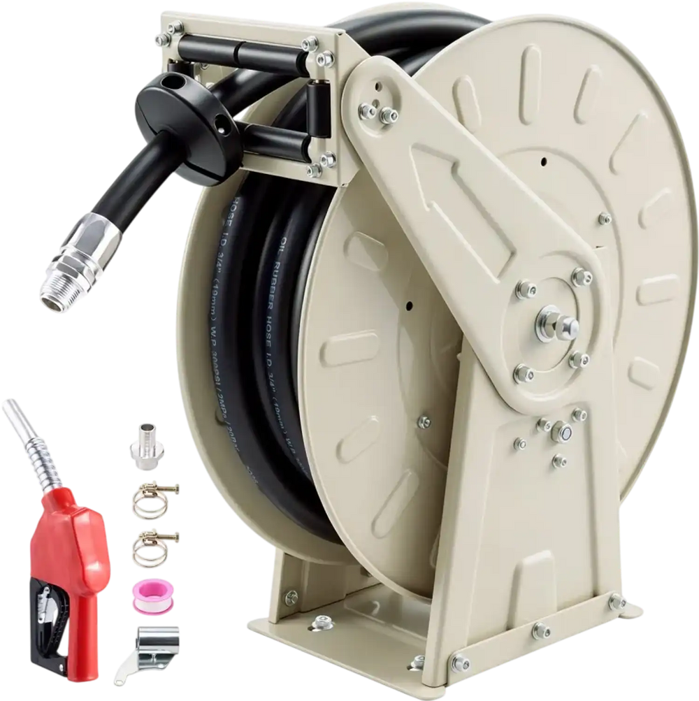VEVOR Fuel Hose Reel, 3/4 inch x 33 ft Retractable, Spring Driven Auto Swivel Rewind, 300 PSI, Heavy-Duty Carbon Steel Construction with Industrial Grade Rubber Hose, for Diesel Fuel, Kerosene