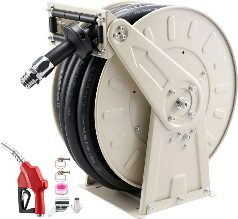 VEVOR Fuel Hose Reel, 1 inch x 50 ft Retractable, Spring Driven Auto Swivel Rewind, 300 PSI, Heavy-Duty Carbon Steel Construction with Industrial Grade Rubber Hose, for Diesel Fuel, Kerosene
