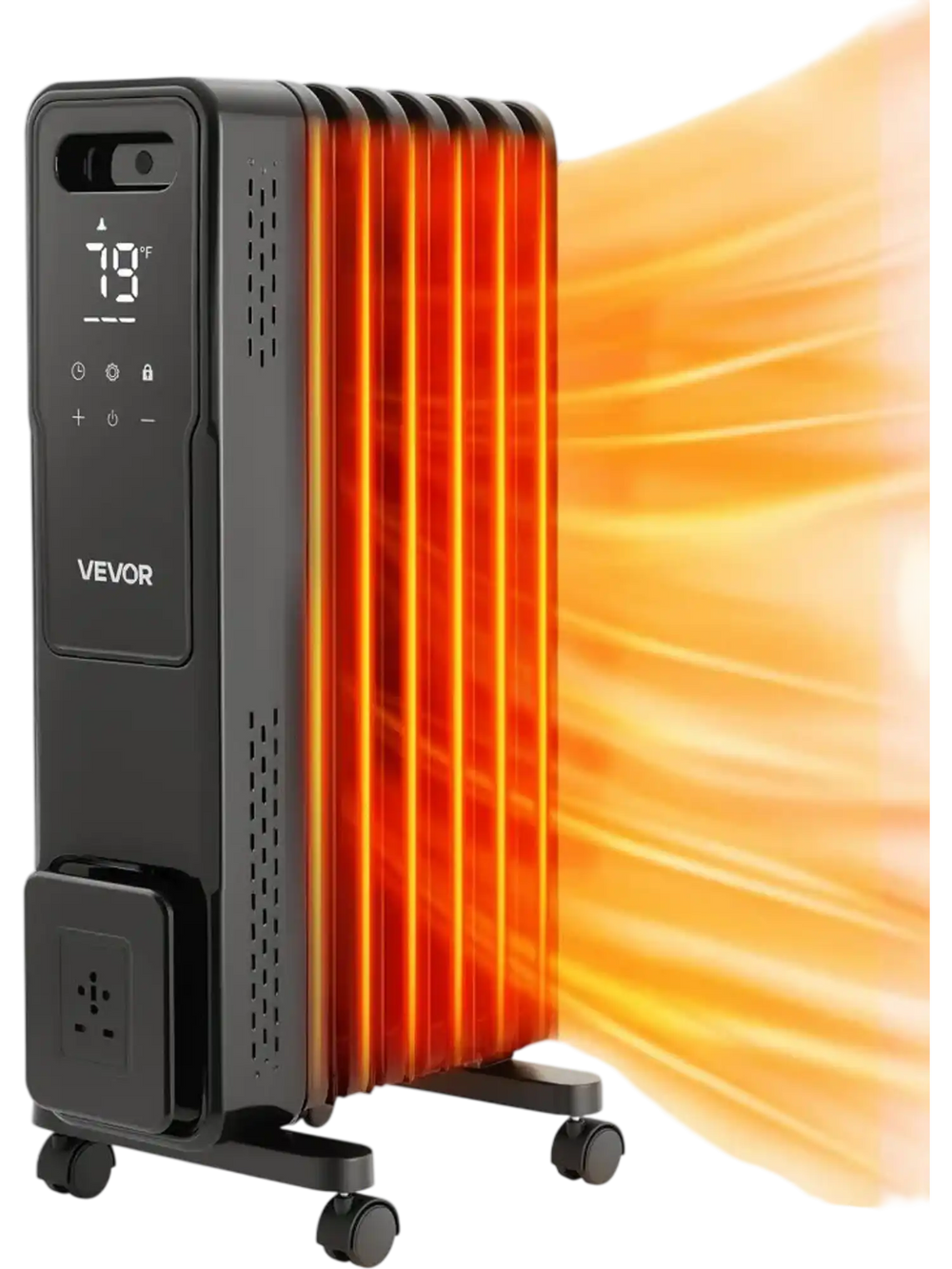 VEVOR Electric Oil Filled Radiator, 1500W Radiant Space Heater with Dual U-shaped Heating Tubes, Over-Heat Protections,3 Heat Settings,24h Timer, Flexible Casters, Remote Control for Indoor,Black