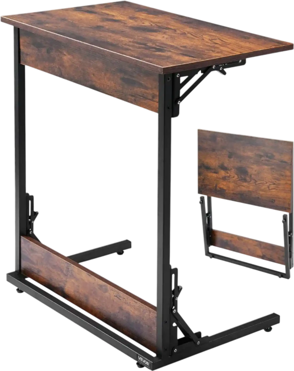VEVOR C Table, Folding C Shaped End Table with Metal Frame & Adjustable Feet, Foldable C Shaped Side Table for Living Room Bedroom Office, 23.62 x 14.57 x 27.56 inch C Shaped TV Tray, Brown and Black