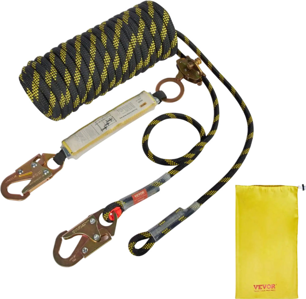 VEVOR Vertical Lifeline Assembly, 0.55'' x 100' Fall Protection Rope with 30 KN Breaking Tension, Polyester Roofing Rope with Steel Snap Hooks, Rope Grab, and Shock Absorber, ANSI Compliant