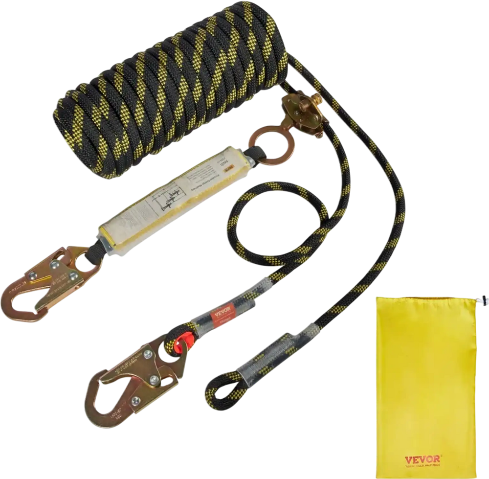 VEVOR Vertical Lifeline Assembly, 0.55'' x 50' Fall Protection Rope with 30 KN Breaking Tension, Polyester Roofing Rope with Steel Snap Hooks, Rope Grab, and Shock Absorber, ANSI Compliant