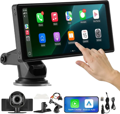 VEVOR Wireless Car Stereo, 10-Inch HD Portable Radio Touch Screen with Apple CarPlay and Android Auto, CarPlay Screen with Front & Backup Cameras, Voice Control, Mirror Link, Bluetooth, GPS Navigation