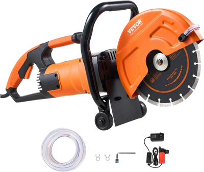 VEVOR Electric Concrete Saw, 9 in, 1800 W Motor Circular Saw Cutter with 3.5 in Cutting Depth, Wet/Dry Disk Saw Cutter Includes Water Line, Pump and Blade, for Stone, Brick