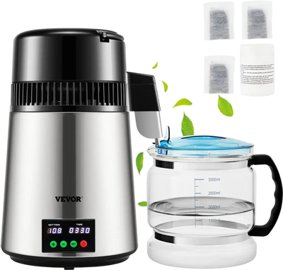 VEVOR 1.1 Gal Water Distiller, 0.3 Gal/H, 750W Distilled Water Maker Machine 0-99H Timing Set Temp Display, 304 Stainless Steel Countertop Distiller Glass Carafe Cleaning Powder 3 Carbon Packs, Silver