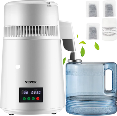 VEVOR 1.1Gal Water Distiller, 0.3Gal/H, 750W Distilled Water Maker Machine 0-99H Timing Set Temp Display, 304 Stainless Steel Countertop Distiller Plastic Carafe Cleaning Powder 3 Carbon Packs, White