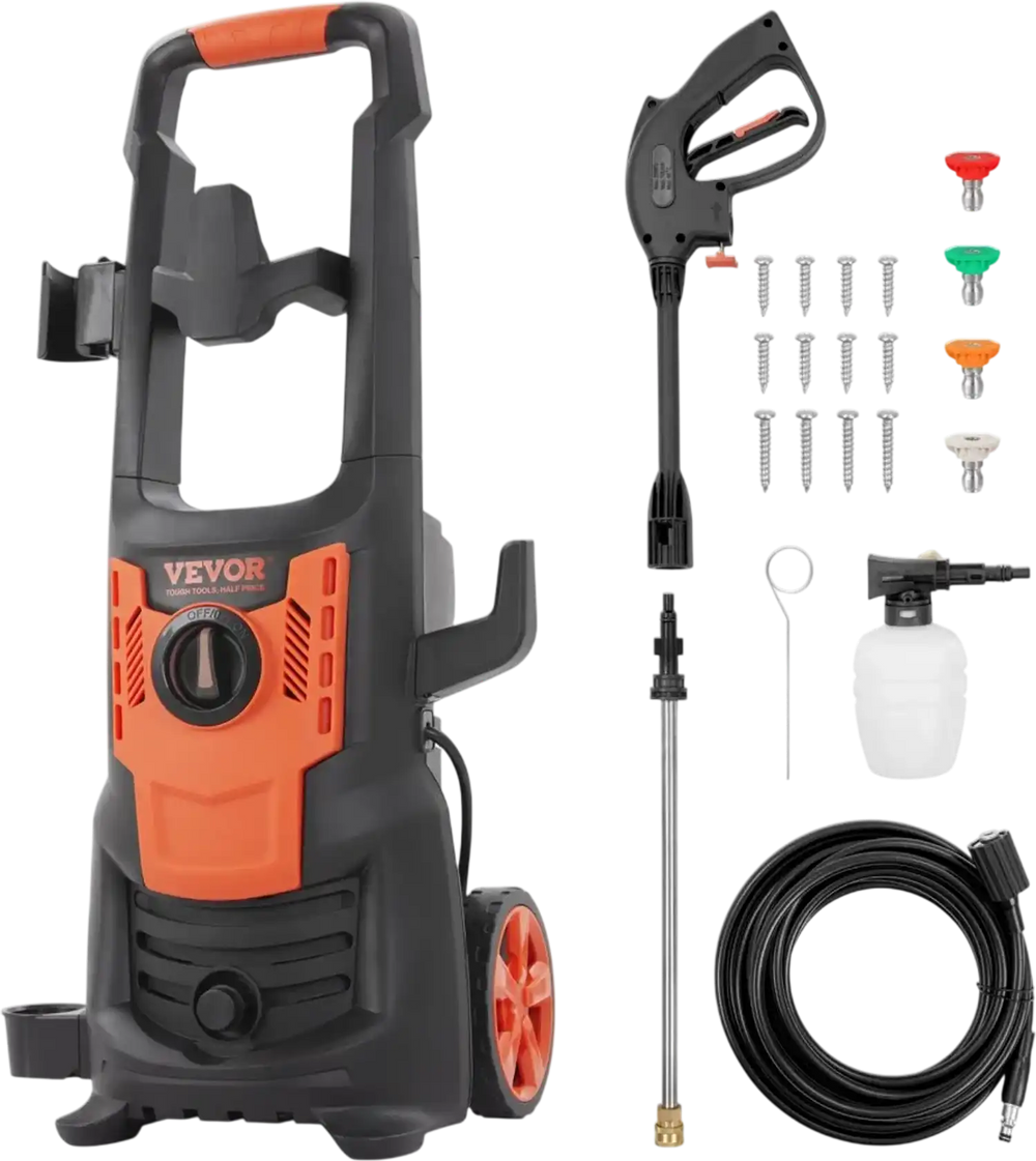 VEVOR Electric Pressure Washer, 2150 PSI, Max. 1.8 GPM, 1800W Power Washer w/ 26 ft Hose, 4 Quick Connect Nozzles, Foam Cannon, Portable to Clean Patios, Cars, Fences, Driveways