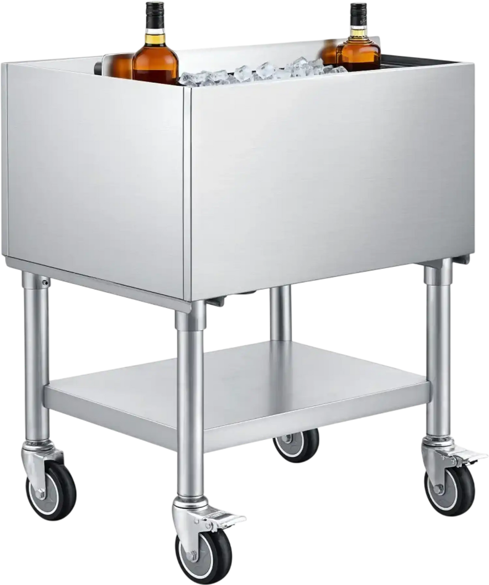 VEVOR Commercial Ice Bin, 65.1 Qt Max Capacity, 24 x 19 x 35 Inch Stainless Steel Ice Chest with Sliding Lid and Bottle Holders, Cooler Cart Cocktail Unit for Bar Restaurant Pub, NSF Certified