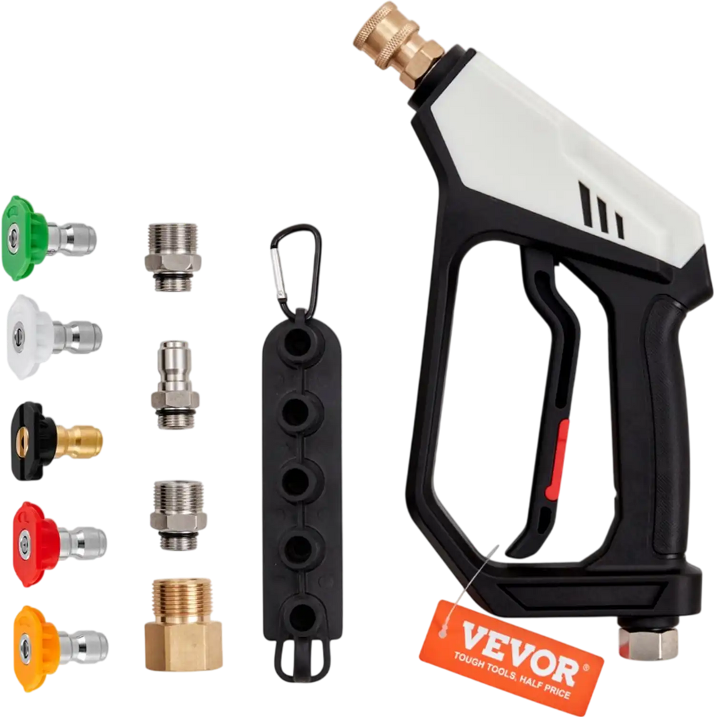 VEVOR Short Pressure Washer Gun, 5000 PSI High Power Washer Spay Gun, M22-14 mm / M22-15 / 3/8'' Inlet & 1/4'' Outlet Hose Connector Foam Gun, Pressure Washer Handle with 5 Color Quick Connect Nozzles
