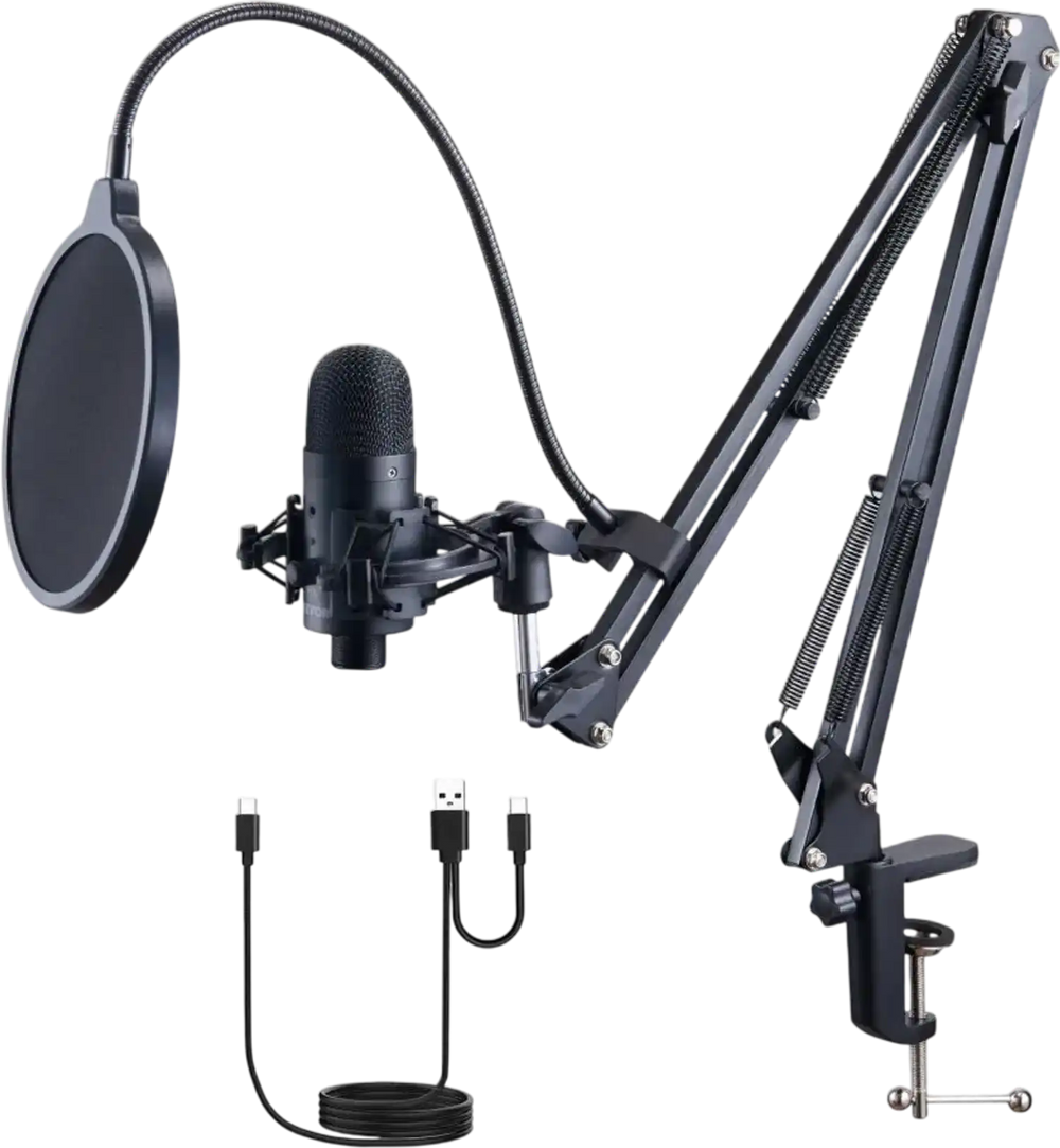 VEVOR USB Microphone, 192kHz/24-bit, Professional Condenser Microphone Kit, with Boom Arm Stand Pop Filter Shock Mount Mute Button Headphones Jack, for Podcast Recording Video Gaming Singing Streaming
