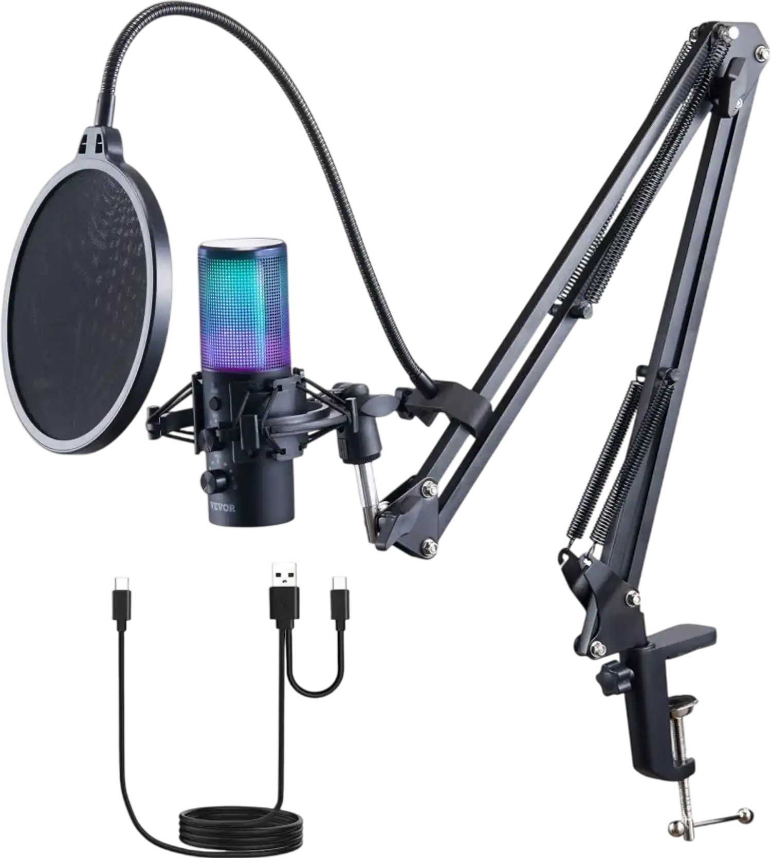 Vevor Microphone Kit USB Condenser Podcast Microphone with Boom Arm, Pop Filter & 11 RGB Lighting New