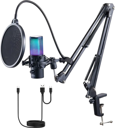 VEVOR USB Microphone, 192 kHz/24-bit, Professional Condenser Microphone Kit with Boom Arm Stand Pop Filter Shock Mount, 11 RGB Lighting Effects Mute Button Headphones Jack for Recording Gaming Singing