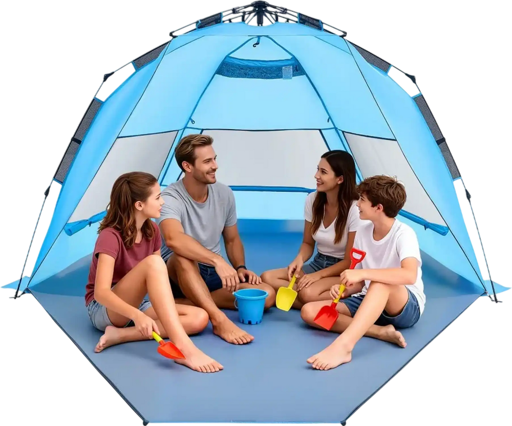 VEVOR Beach Tent Sun Shelter for 4 Person, Pop Up Beach Tent UPF 50+ Protection, Portable Sun Shade Canopy with Carrying Bag and Sand Pockets, Easy Setup Umbrella for Camping Fishing Outdoor Picnic