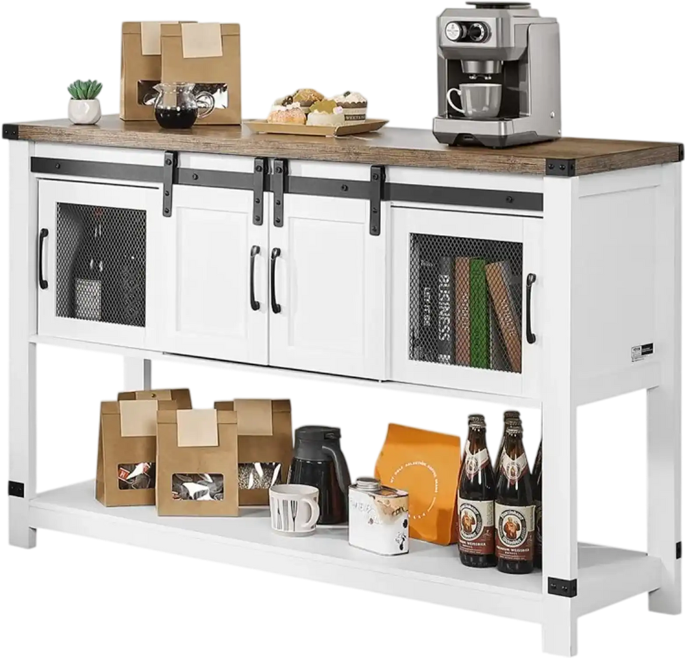 VEVOR Coffee Bar Cabinet, 47.3 x 15.7 x 32.7 in Farmhouse Coffee Bar Cabinet with 4-Tier Storage, Coffee Bar Table with Barn Doors, Farmhouse Sideboard Buffet Cabinet for Living Room, Entryway