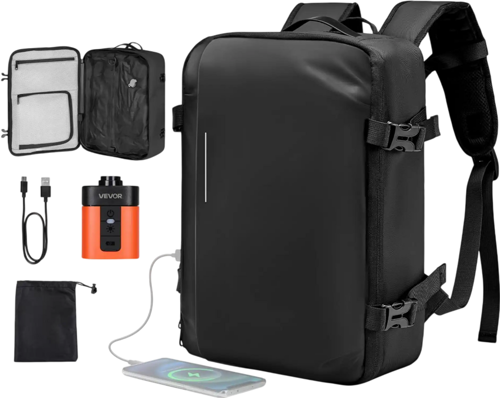 VEVOR Vacuum Travel Backpack, 35L, Vacuum Seal Compression Travel Backpack with Air Pump, Multiple Pockets & Compartments, Water-Resistant Carry-On Suitcase Luggage, Casual Personal Item Bag, Black