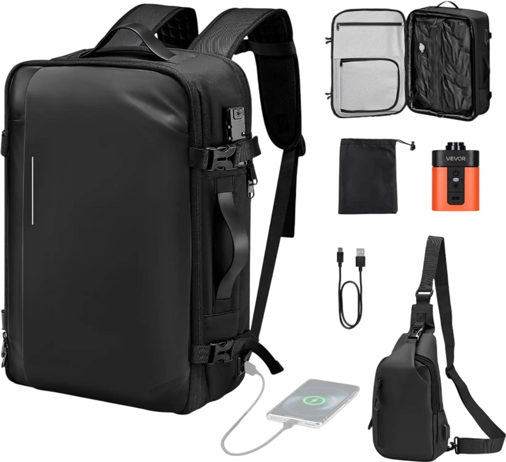 VEVOR Vacuum Travel Backpack, 65L, Expandable Vacuum Seal Compression Travel Backpack with Pump, with TSA-Approved Lock, Airback Vacpack, Water-Resistant Carry-On Suitcase Luggage, for Business, Black