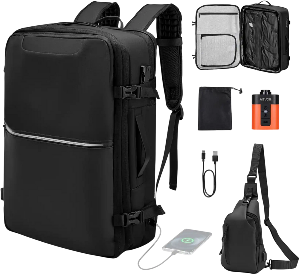 VEVOR Vacuum Travel Backpack, 80L, Expandable Vacuum Seal Compression Travel Backpack with Pump, with TSA-Approved Lock, Airback Vacpack, Water-Resistant Carry-On Suitcase Luggage, for Business, Black