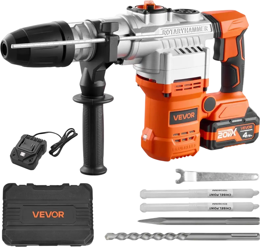 VEVOR Rotary Hammer Drill, 1-9/16 in SDS-Max Cordless, Heavy Duty 20V Battery Powered Rotary Hammer, Including 2 Batteries, Charger, Drill Bit, Pointed Chisel, Carrying Case, for Concrete, Masonry