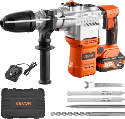 VEVOR Rotary Hammer Drill, 1-9/16 in SDS-Max Cordless, Heavy Duty 20V Battery Powered Rotary Hammer, Including 2 Batteries, Charger, Drill Bit, Pointed Chisel, Carrying Case, for Concrete, Masonry
