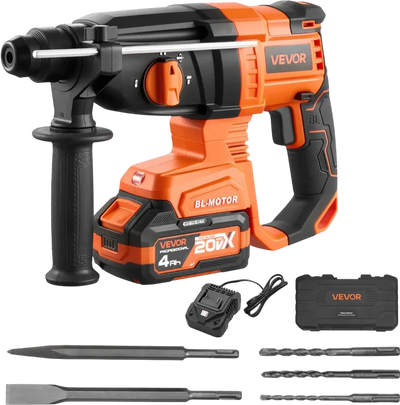 VEVOR Rotary Hammer Drill, 7/8 in SDS-Plus Cordless, 20V Battery Powered Rotary Hammer, Brushless, Including Battery, Charger, 3 Drill Bits, Flat Chisel, Pointed Chisel, Carrying Case, for Concrete