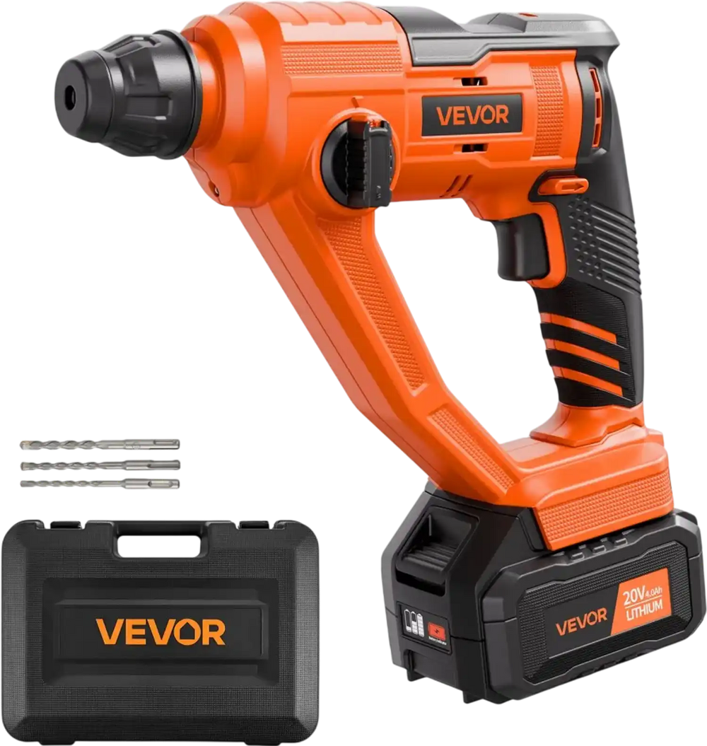 VEVOR 20V Cordless Hammer Drill, Lithium-Ion 0.6 Inch Rotary Hammer Driver, SDS-Plus Electric Lightweight Power Tool Kit with Battery and Charger, 2 Functions, 1000 RPM, 5100 BPM