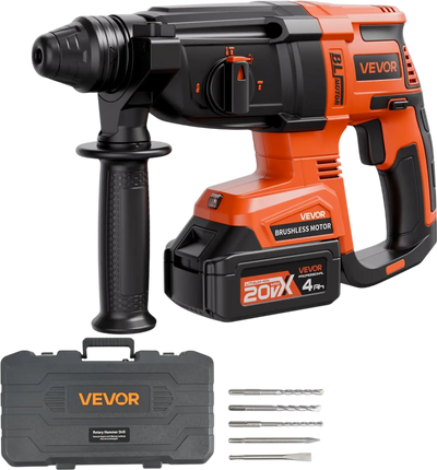 VEVOR 20V Brushless Cordless Hammer Drill, Lithium-Ion 1.1 Inch Rotary Hammer Driver, SDS-Plus Electric Lightweight Power Tool Kit with Battery and Charger, 4 Functions, 1200 RPM, 5300 BPM