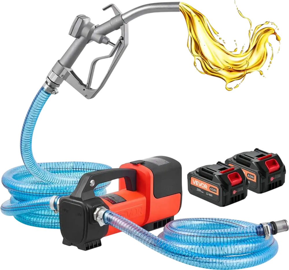 VEVOR Fuel Transfer Pump Battery Powered 12 GPM Portable Diesel Pump Kit, for Diesel Kerosene Fueling on Farm Boat Truck Tractor, 2 x 4.0Ah Batteries, 1/4 HP Motor, with Manual Fuel Nozzle & Hose