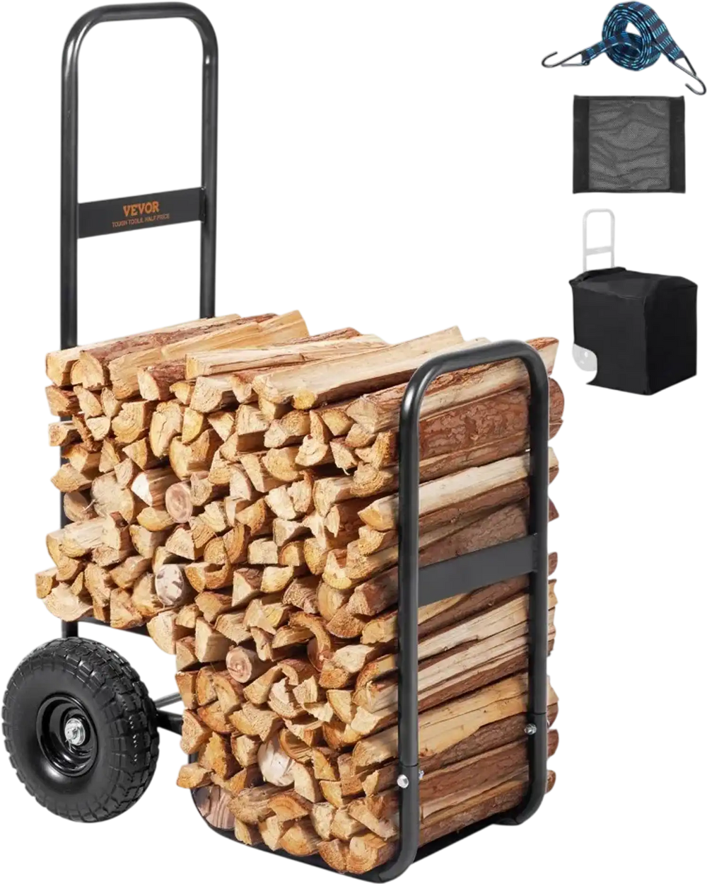 VEVOR Firewood Log Cart, 250 lbs Capacity, Outdoor and Indoor Wood Rack Storage Mover with PU Wheels & Waterproof Cloth, Heavy Duty Steel Dolly Hauler, Firewood Carrier for Fireplace, Fire Pit, Black