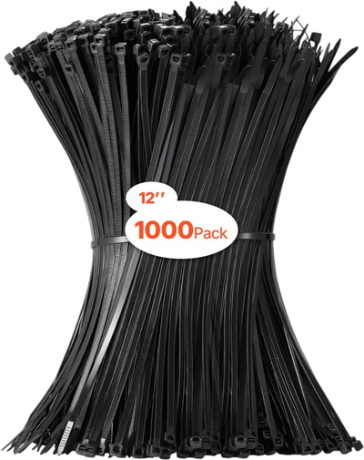 VEVOR 1000 Pack Cable Zip Ties, 12-inch Heavy Duty Cable Wire Ties with 50LBS High Tensile Strength, Multi-Purpose Self-Locking Nylon Tie Wraps, Heat & Cold Resistant for Indoor and Outdoor Use