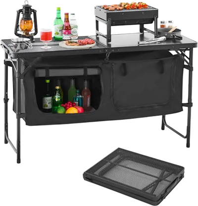 VEVOR Camping Kitchen Table, Folding Outdoor Cooking Table, 3 Adjustable Heights, Aluminum Lightweight Portable Cook Station with Storage Organizer, Carry Handle, for BBQ Party Picnic RV Travel, Black
