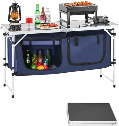 VEVOR Camping Kitchen Table, Folding Outdoor Cooking Table, 3 Adjustable Height, Aluminum Lightweight Portable Cook Station with Storage Organizer, Carry Handle, for BBQ Party Picnic RV Travel, Blue