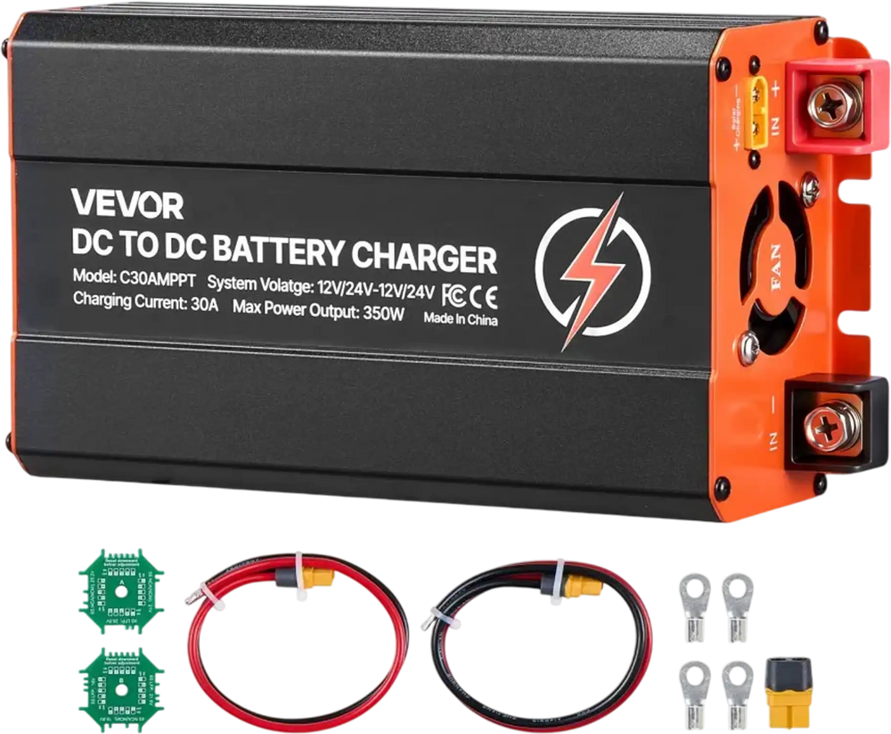 VEVOR DC to DC Charger with MPPT, 350W, 30A On-Board Battery Charger, Solar Panel/Alternator Dual Input, Smart Multi-Stage Charging for LiFePO4 Lead-Acid Batteries, 12V/24V-12V/24V, for RV Home Backup