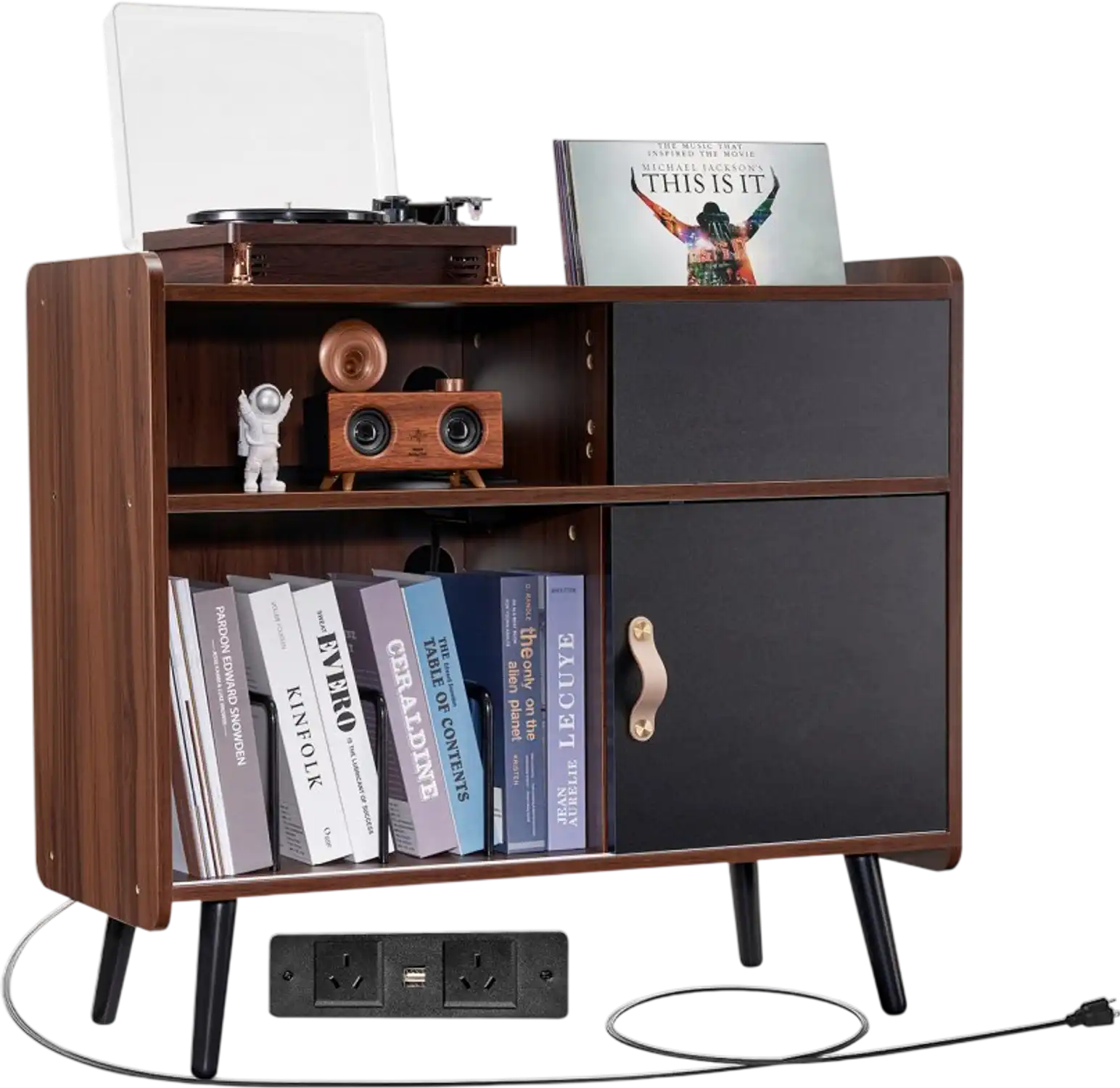 Vevor Record Player Stand Wooden Turntable Storage Cabinet with Sliding Door and Power Outlet Brown New