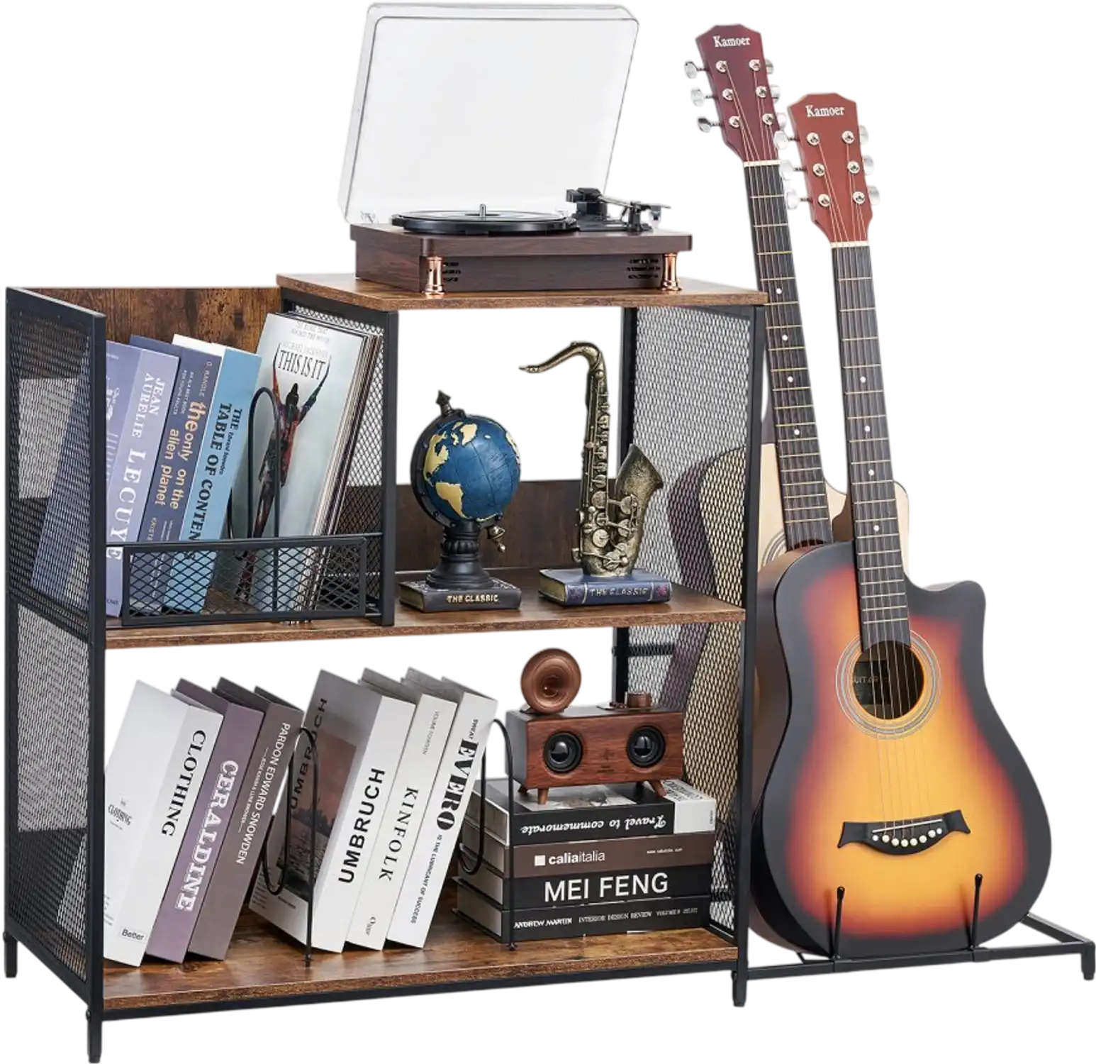 Vevor Record Player Stand 3-Tier Vinyl Record Cabinet with Guitar Holder Black New
