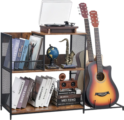 Vevor Record Player Stand 3-Tier Vinyl Record Cabinet with Guitar Holder Black New