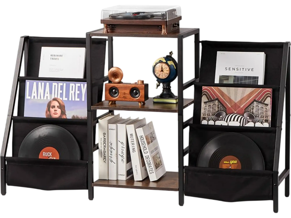 VEVOR Record Player Stand, 3 Tiers Metal Vinyl Record Stand, Turntable Stand with Record Holder Vinyl Display Shelf, Wooden Record Holder Ideal for Bedroom, Living Room, Black