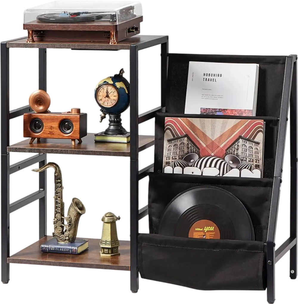 VEVOR Record Player Stand with Charging Station & USB Ports, Holds up to 200 Albums, 3-Tier Turntable Stand with Vinyl Record Storage, Record Player Table with Display Shelf for Bedroom, Living Room
