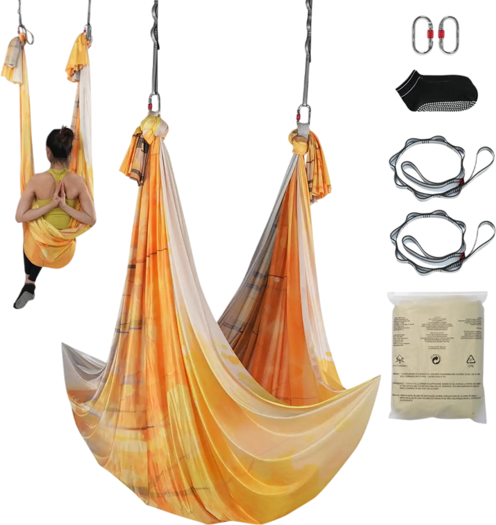 VEVOR Aerial Yoga Hammock & Swing, 5.5 Yards, Aerial Yoga Starter Kit with 100gsm Nylon Fabric, Full Rigging Hardware & Easy Set-up Guide, Antigravity Flying for All Levels Fitness Bodybuilding, Gold