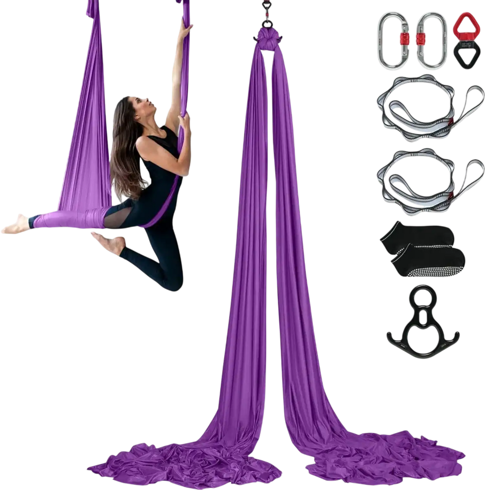 VEVOR Aerial Silk & Yoga Swing, 8.7 Yards, Aerial Yoga Hammock Kit with 100gsm Nylon Fabric, Full Rigging Hardware & Easy Set-up Guide, Antigravity Flying for All Levels Fitness Bodybuilding, Purple