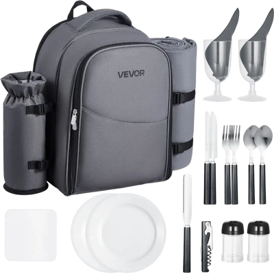 VEVOR Picnic Backpack, Beach Picnic Backpack Bag for 2 Person with Insulated Cooler Compartment, Detachable Bottle/Wine Holder, Lightweight Blanket, Plates and Cutlery Set for Hiking, Camping, Grey