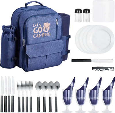VEVOR Picnic Backpack, Beach Picnic Backpack Bag for 4 Person with Insulated Cooler Compartment, Detachable Bottle/Wine Holder, Lightweight Blanket, Plates and Cutlery Set for Outdoor, Navy Blue