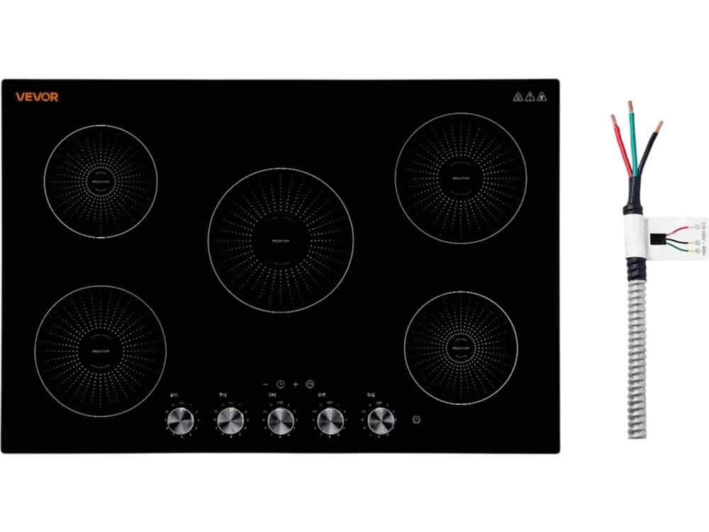 VEVOR Induction Cooktop 30in 5 Burners Built-in Electric Stove 220V 9200W, Low-Power Continuous Heating, Induction Burner for Kitchen, 11 Power Levels, Knob Control, Ceramic Glass, and Child Lock