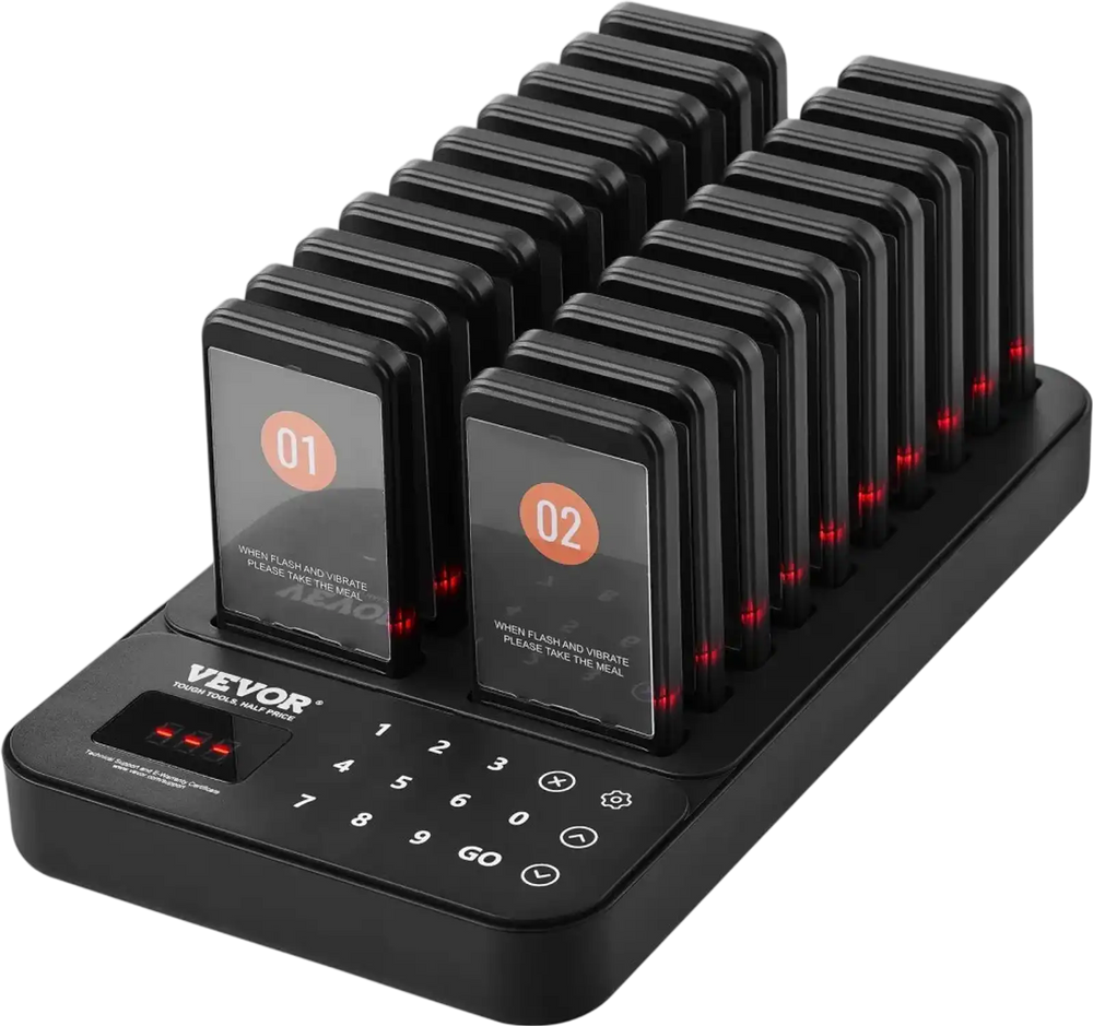 VEVOR Restaurant Pager System, Wireless 400m Long Range Lineup Waiting Queue Signal, Guest Customer Calling Beepers with Vibration & Flashing, 20 Buzzers for Food Truck, Church, Nursery, Hospital
