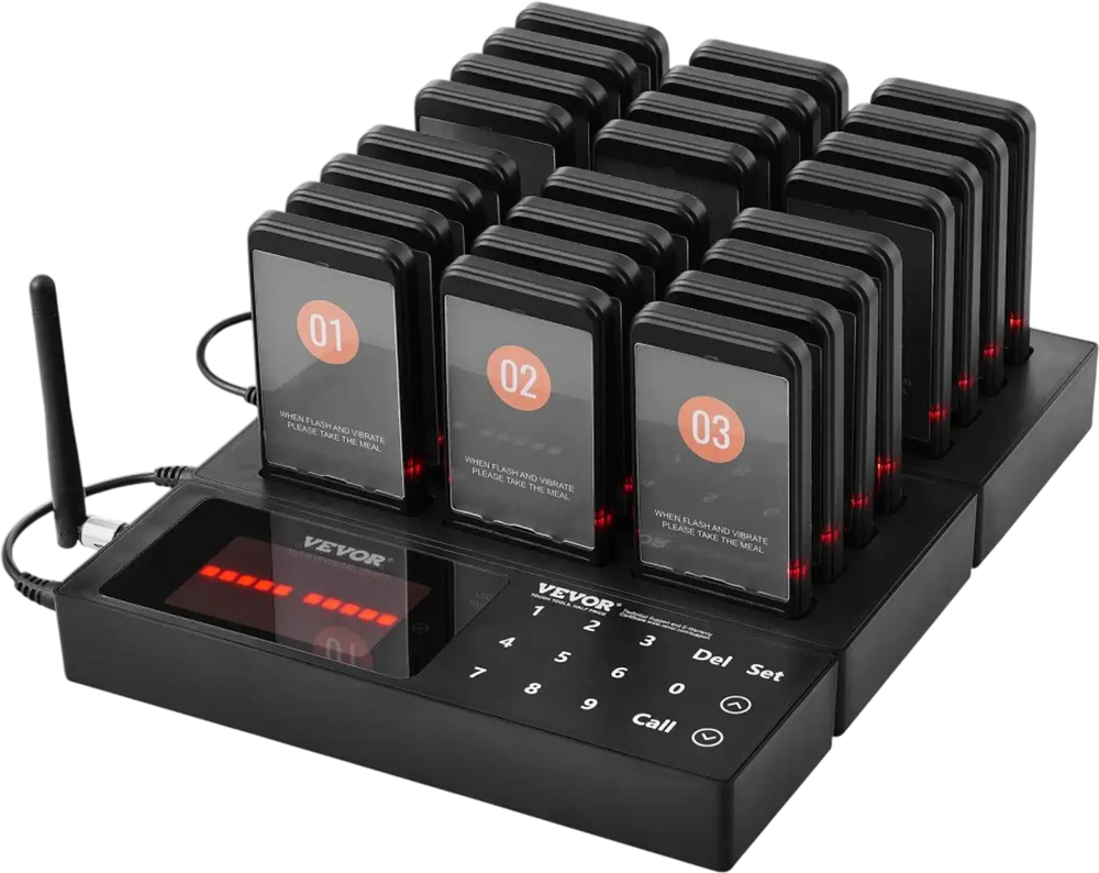 VEVOR Restaurant Pager System, Wireless 400m Long Range Lineup Waiting Queue Signal, Guest Customer Calling Beepers with Vibration & Flashing, 24 Buzzers for Food Truck, Church, Nursery, Hospital