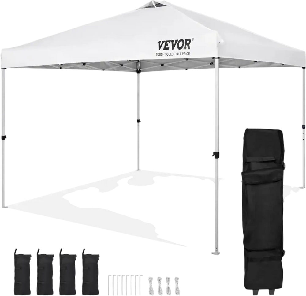 VEVOR Pop Up Canopy Tent, 10 x 10 ft, 250 D PU Silver Coated Tarp, with Portable Roller Bag and 4 Sandbags, Waterproof and Sun Shelter Gazebo for Outdoor Party, Camping, Commercial Events, White