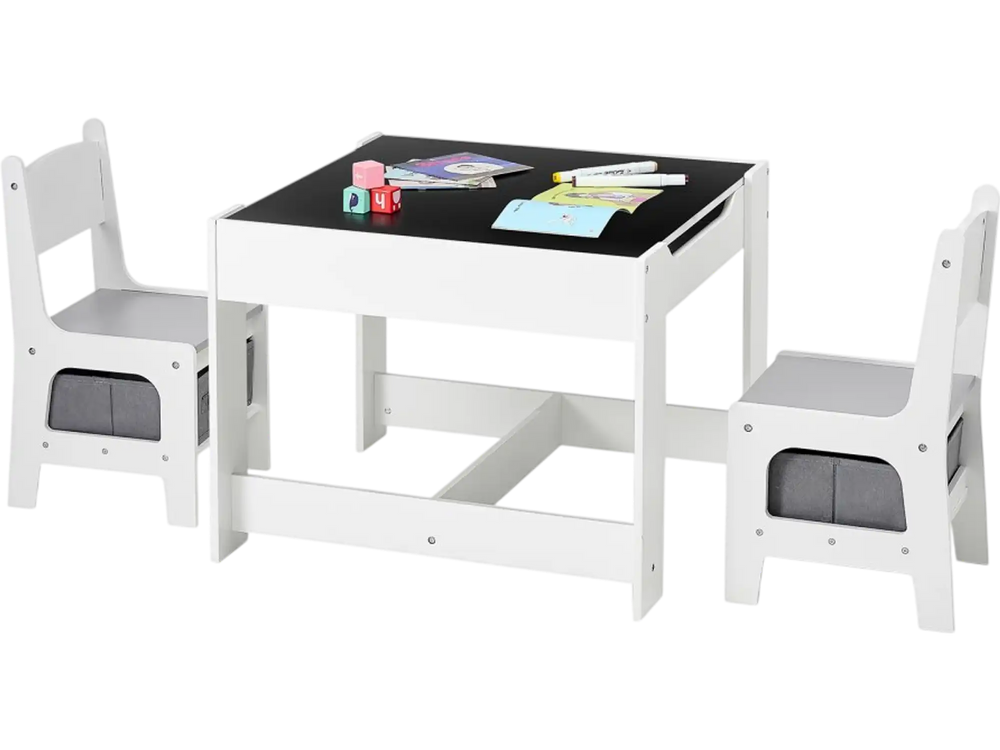 VEVOR Kids Table and 2 Chairs Set, Toddler Table and Chair Set with Storage Space under the Table, Cloth Storage Box under the Chairs, Wooden Desk for Art, Craft, Reading, Learning, Drawing, White